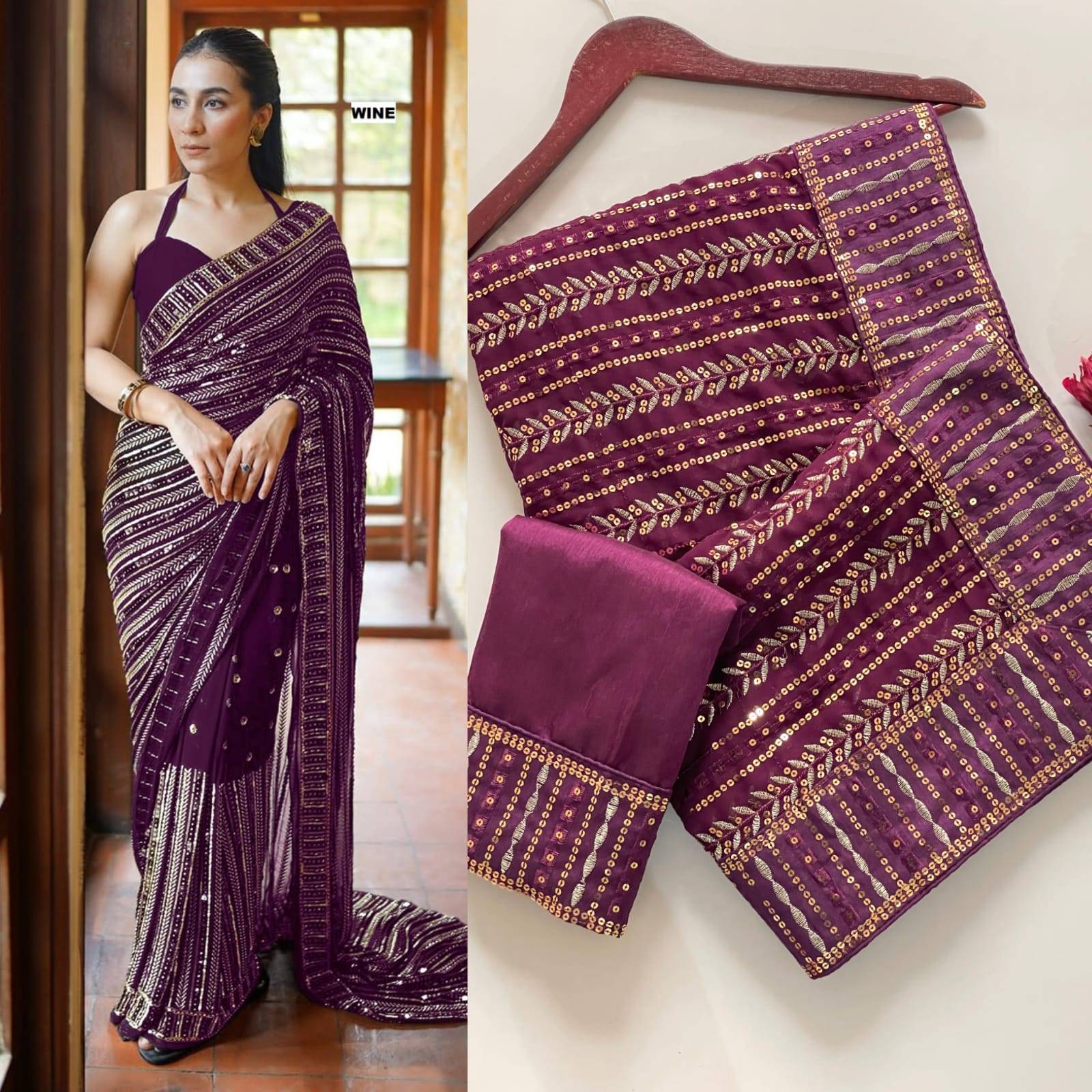 Violet Premium Sequins Embroidered Faux Georgette Saree